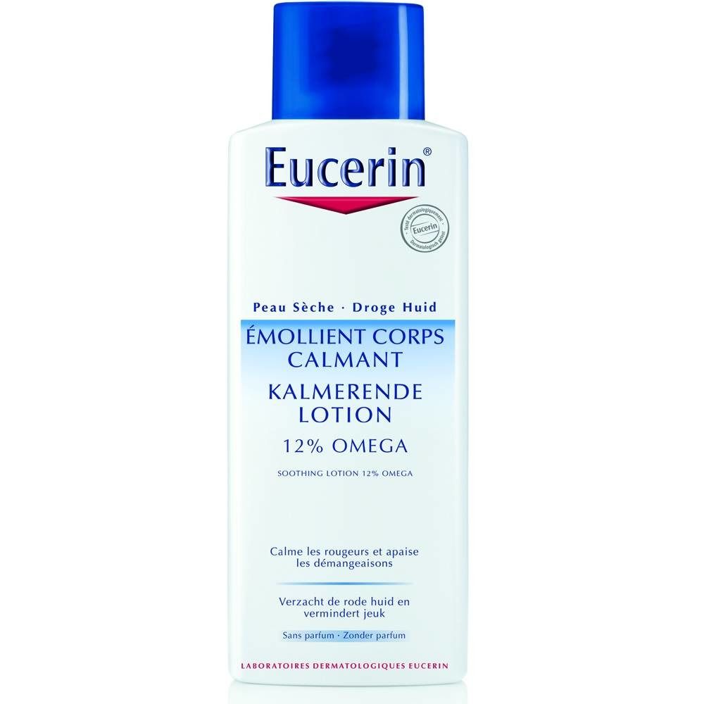 Flacon blanc avec bouchon bleu. Inscription Eucerin, texte multilingue: Emollient Corps Calmant Lotion 12% Omega.