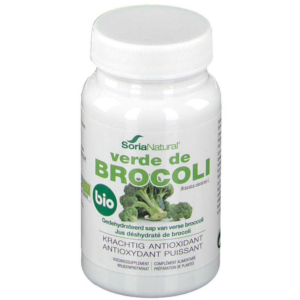 Witte fles met SoriaNatural® verde de Brocoli-etiket. Bio-label. Tekst: 'Gedehydrateerd sap van verse broccoli'.