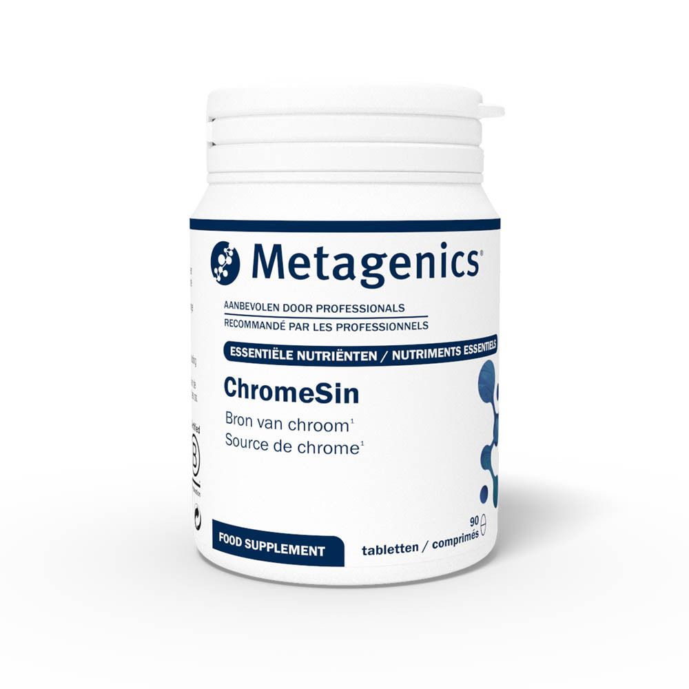 Witte pot Chromesin met 90 tabletten. Merk Metagenics.