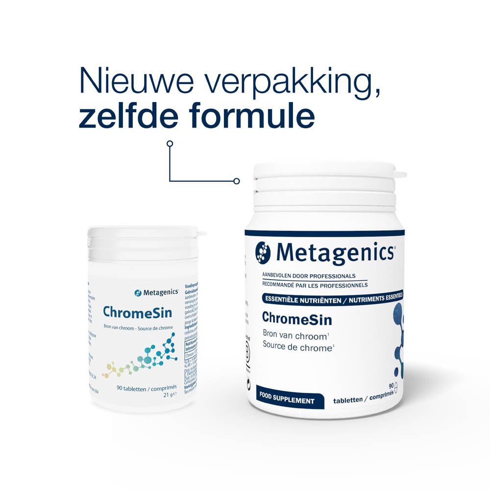 Vergelijking van Chromesin-verpakkingen. Links: kleine verpakking. Rechts: grote verpakking. Merk Metagenics.