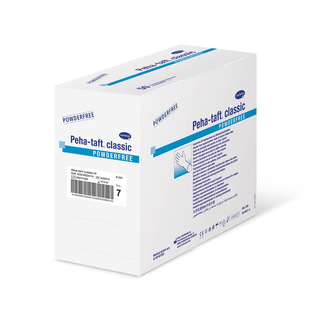 Boîte blanche "Peha-taft classic powderfree". Inscriptions: symbole de gant, numéro de lot, taille 7. Logo Hartmann.
