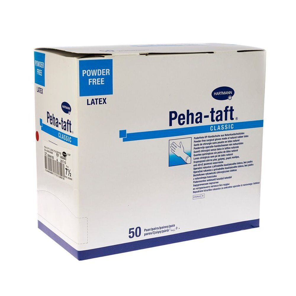 Doos Hartmann Peha-taft classic handschoenen, 50 stuks, poedervrij. Blauw-witte verpakking met productnaam en logo.
