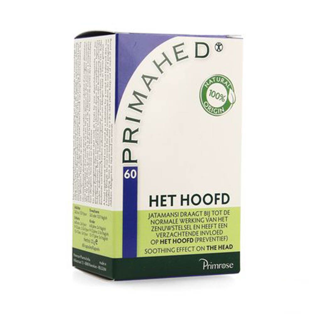 Doos "Primahed" met 60 capsules. Tekst in het Nederlands en Engels. Groen logo "Natural 100% Origin".