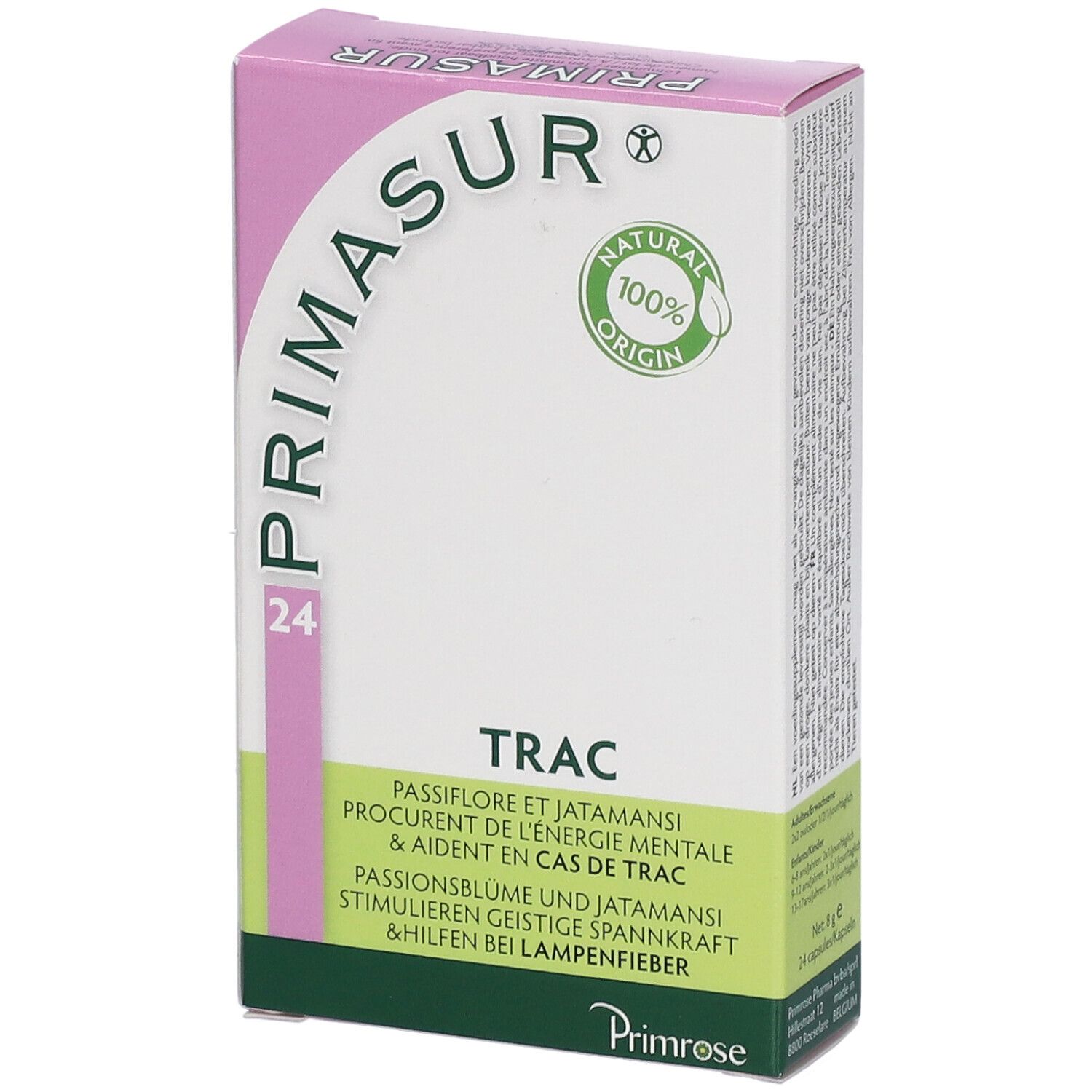 Doosje Primrose Primasur. Opschrift: TRAC, 24. Logo en zegel 'Natural 100% Origin'.