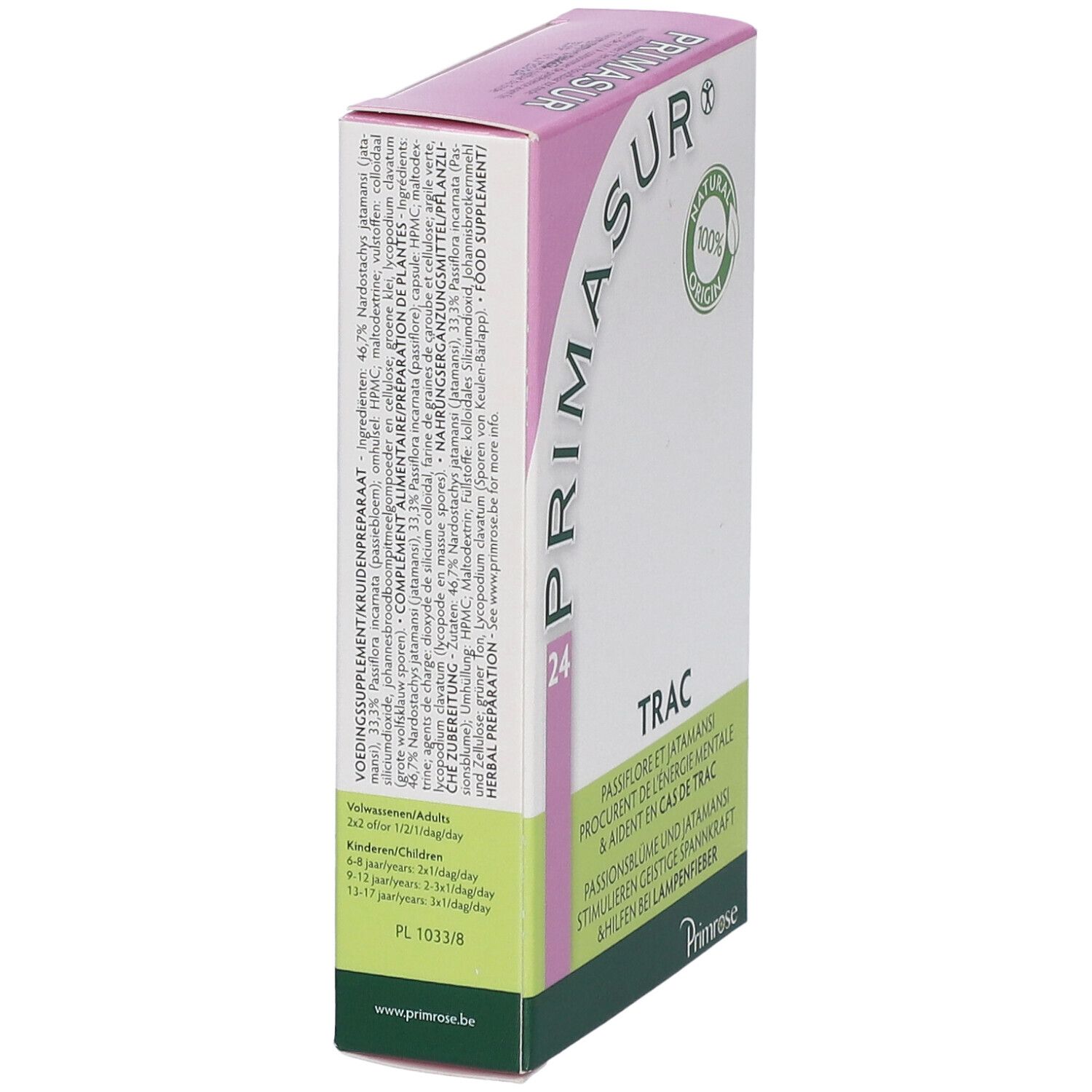 Doosje Primrose Primasur. Opschrift: TRAC, 24. Logo en zegel 'Natural 100% Origin'.