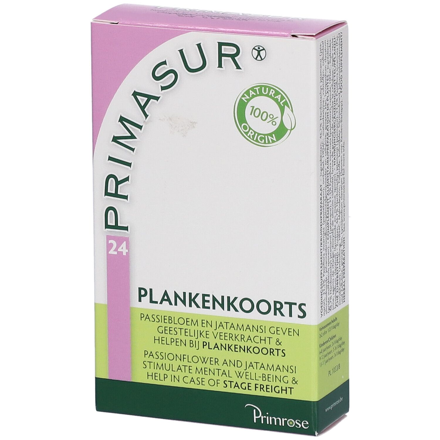 Doosje Primrose Primasur. Opschrift: PLANKENKOORTS, 24. Logo en zegel 'Natural 100% Origin'.