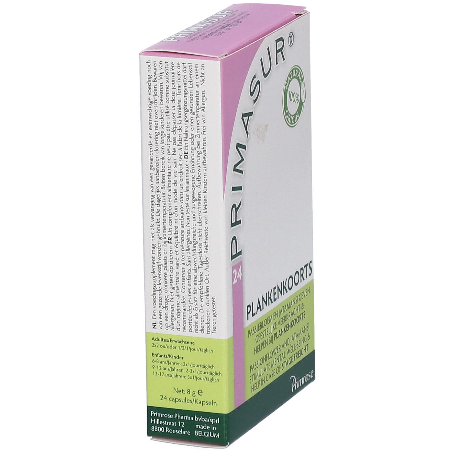 Doosje Primrose Primasur. Opschrift: PLANKENKOORTS, 24. Logo en zegel 'Natural 100% Origin'.