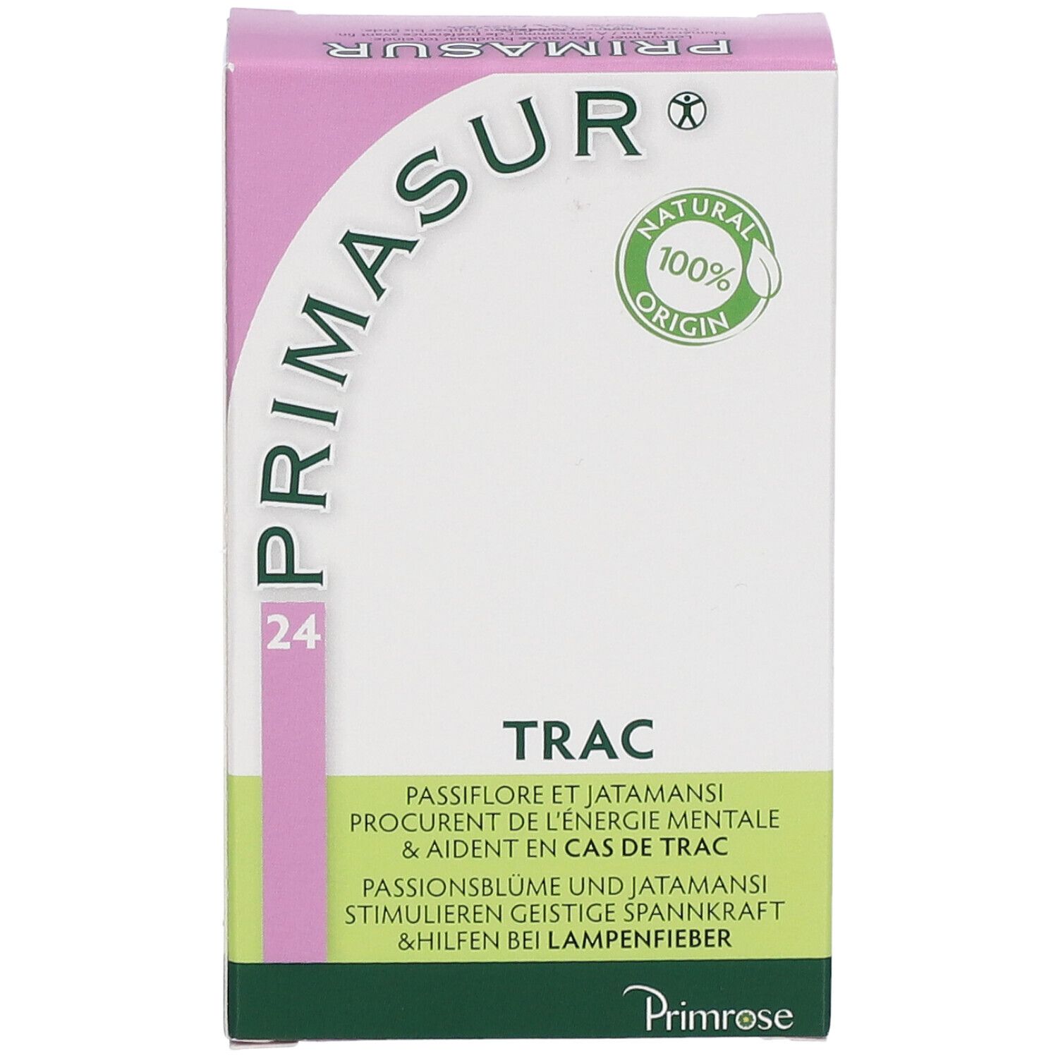 Doosje Primrose Primasur. Opschrift: TRAC, 24. Logo en zegel 'Natural 100% Origin'.