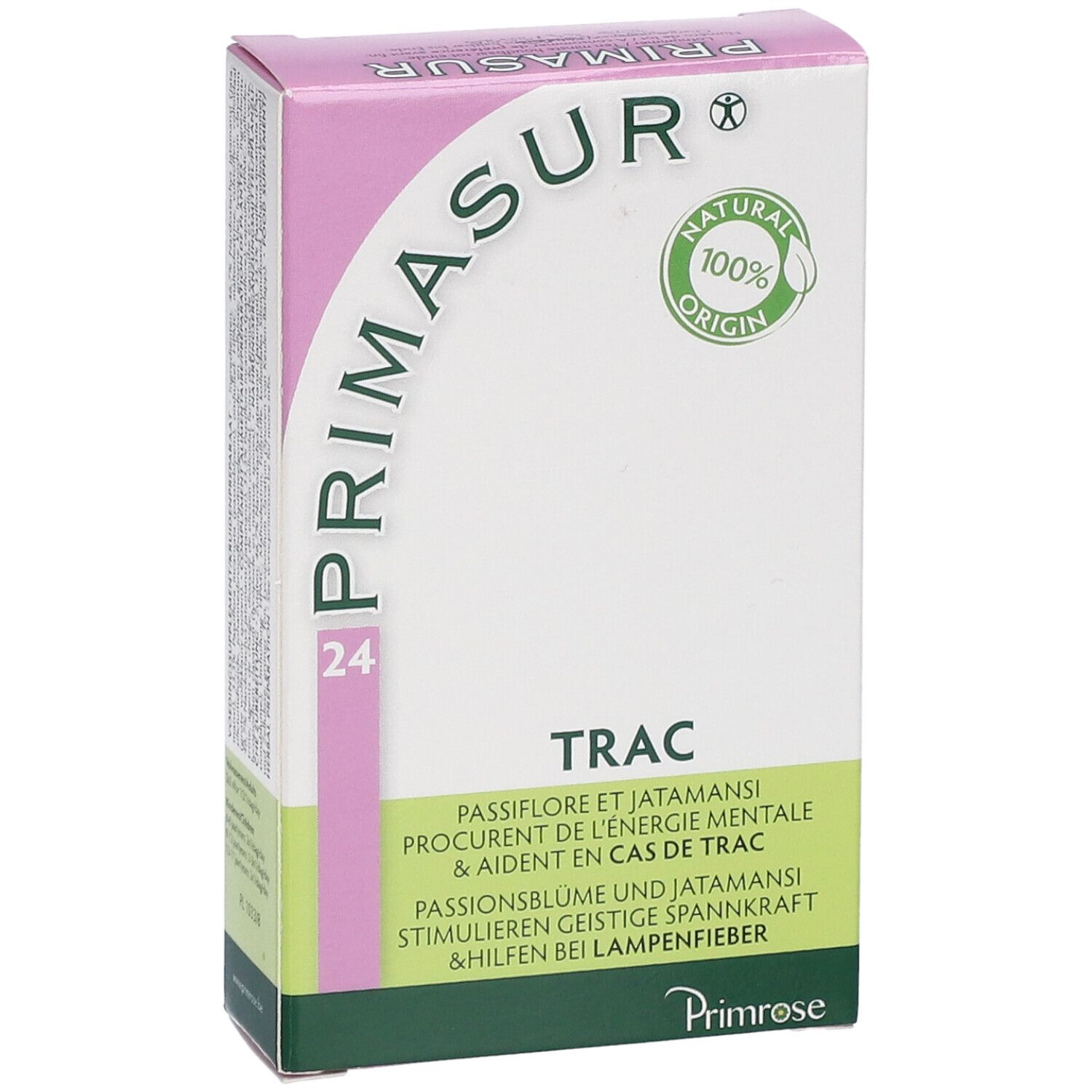 Doosje Primrose Primasur. Opschrift: TRAC, 24. Logo en zegel 'Natural 100% Origin'.