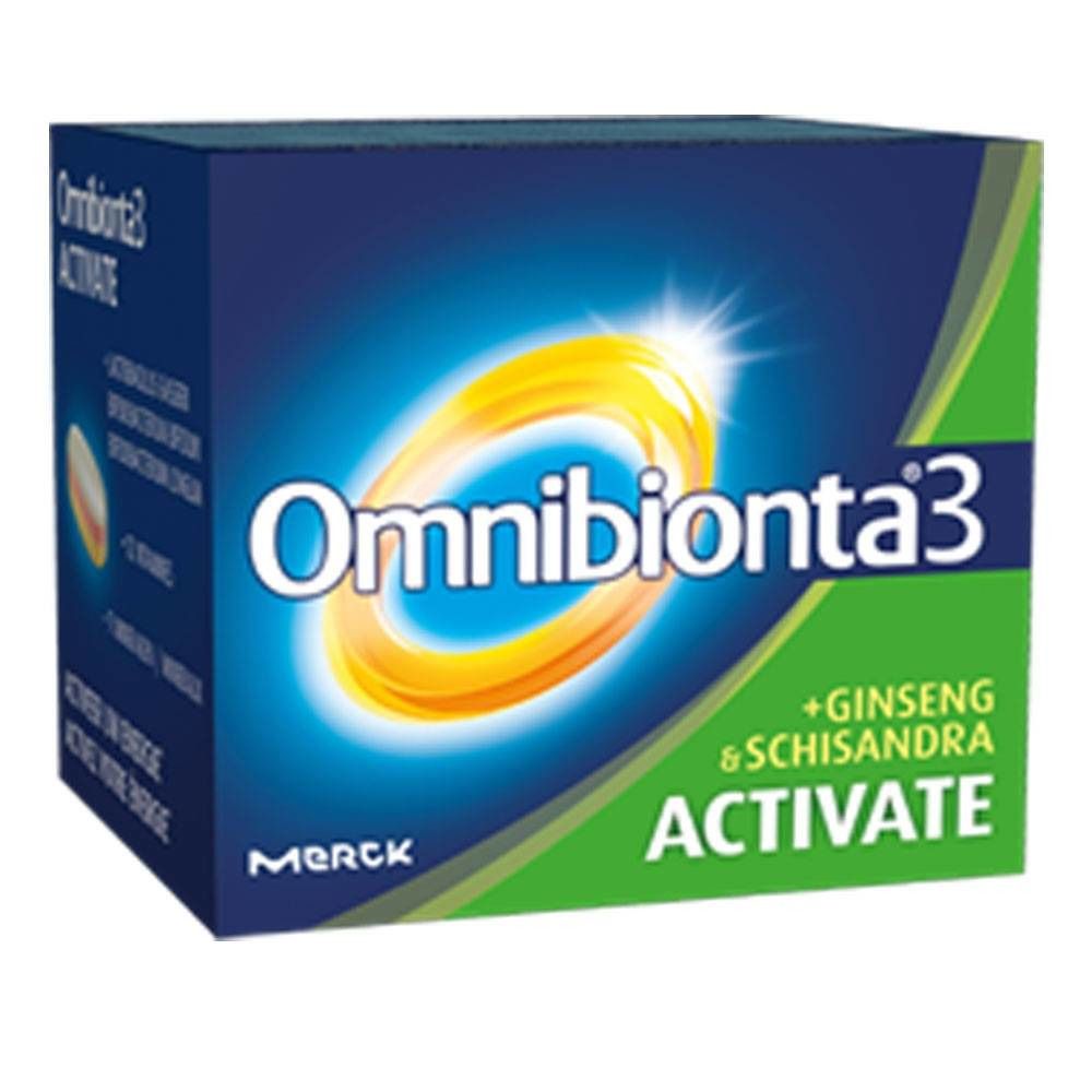 Verpakking Omnibionta3 Activate. Blauwe doos met gele cirkel. Tekst: +Ginseng & Schisandra, Activate. Merck-logo.