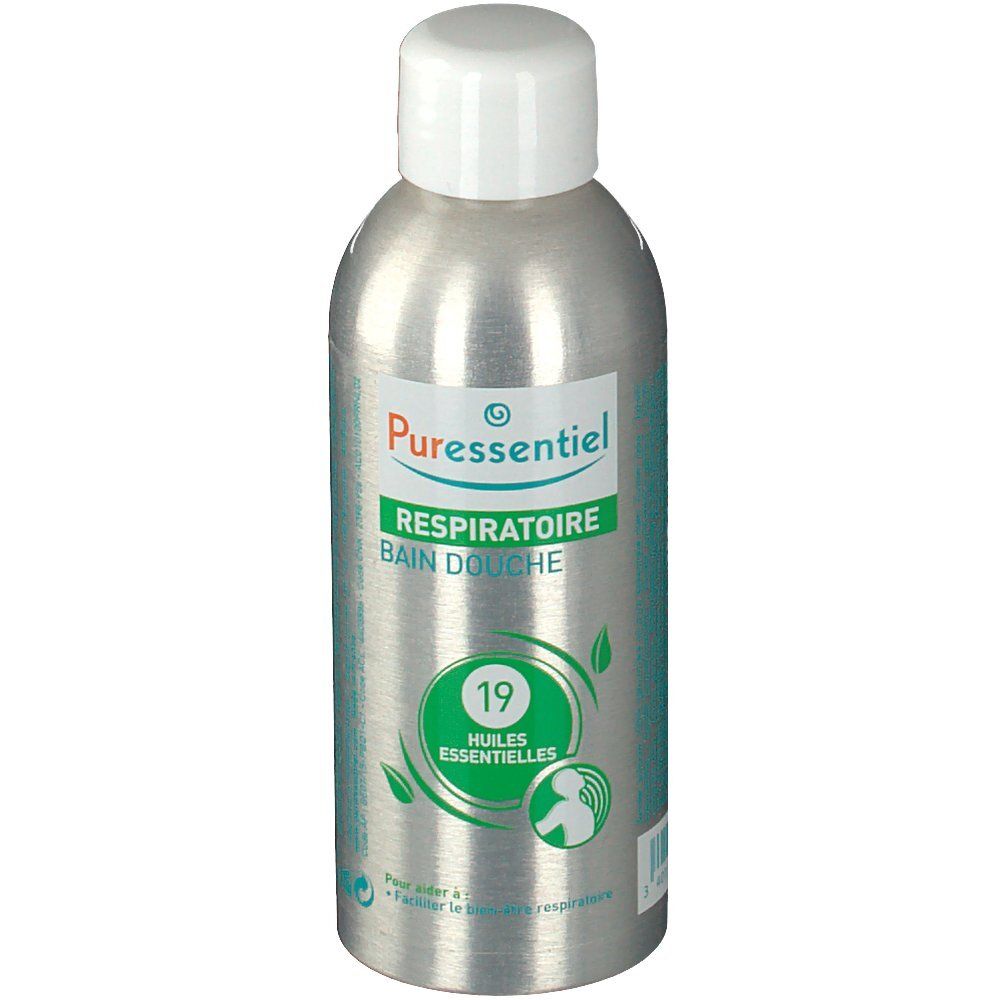 Zilveren fles met witte dop. Opschrift: Respiratoire Bain Douche, 19 Huiles Essentielles. Productweergave.