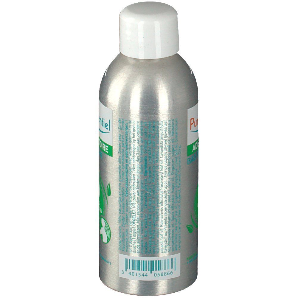 Achteraanzicht van een zilveren fles met witte dop. Opschrift: Respiratoire Bain Douche. Tekst op de achterkant.