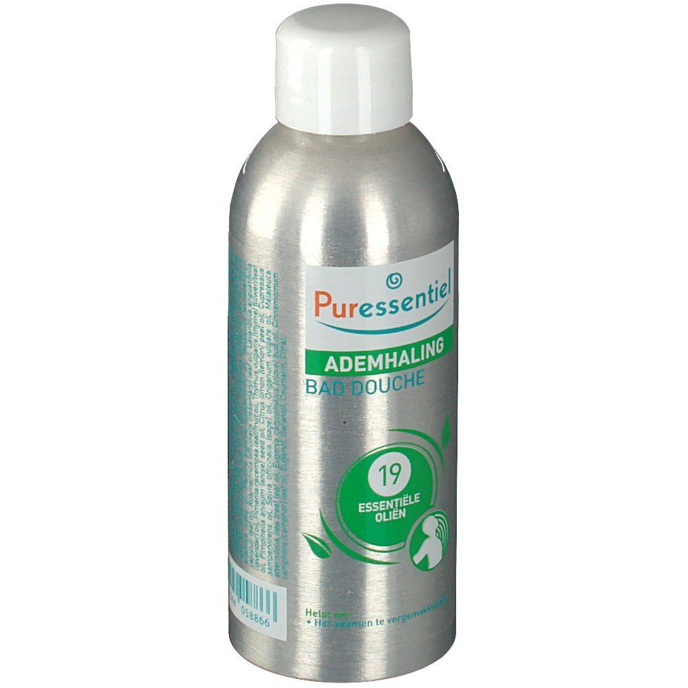 Zilveren fles met witte dop. Opschrift: Ademhaling Bain Douche, 19 Essentiële oliën. Nederlandse versie.