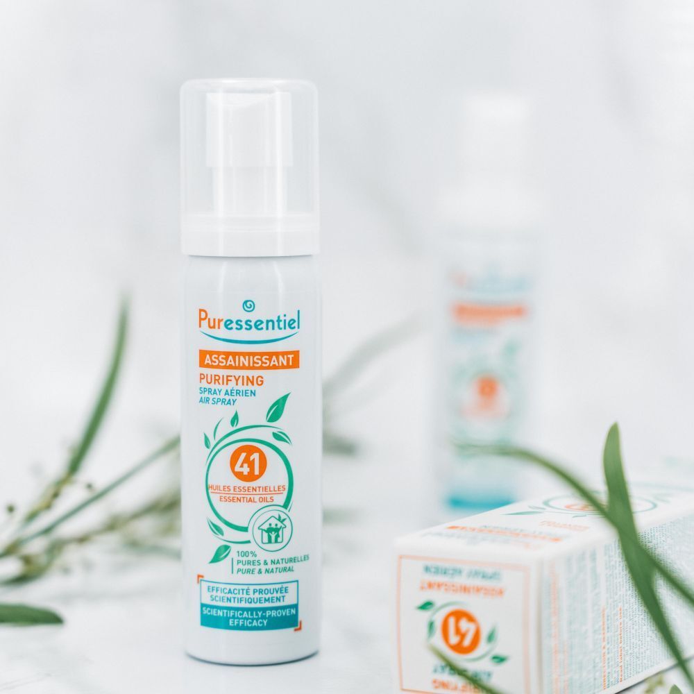 Spray Purifiant Puressentiel aux 41 huiles essentielles, 200ml. Boîte et flacon.