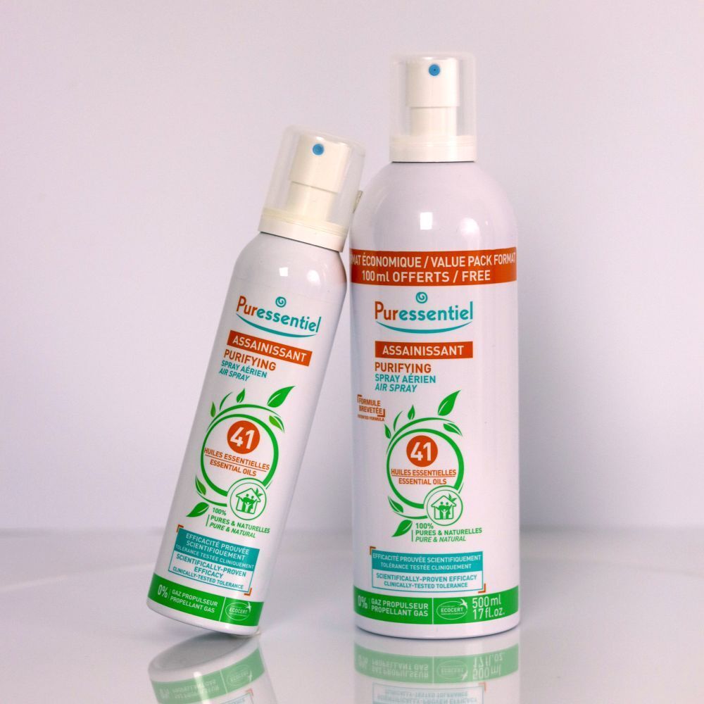 Puressentiel Zuiverende Lucht Spray met 41 essentiële oliën, 200ml. Fles met eucalyptus, citroen en munt.