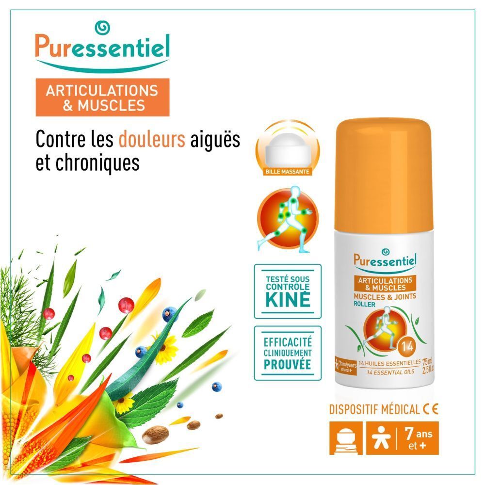 Puressentiel Roll-On Articulations & Muscles aux 14 huiles essentielles, 75ml, avec images de plantes.