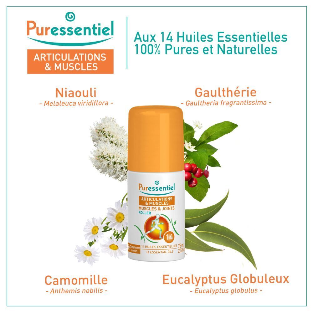 Puressentiel Roll-On Articulations & Muscles, 75ml, avec images de plantes.