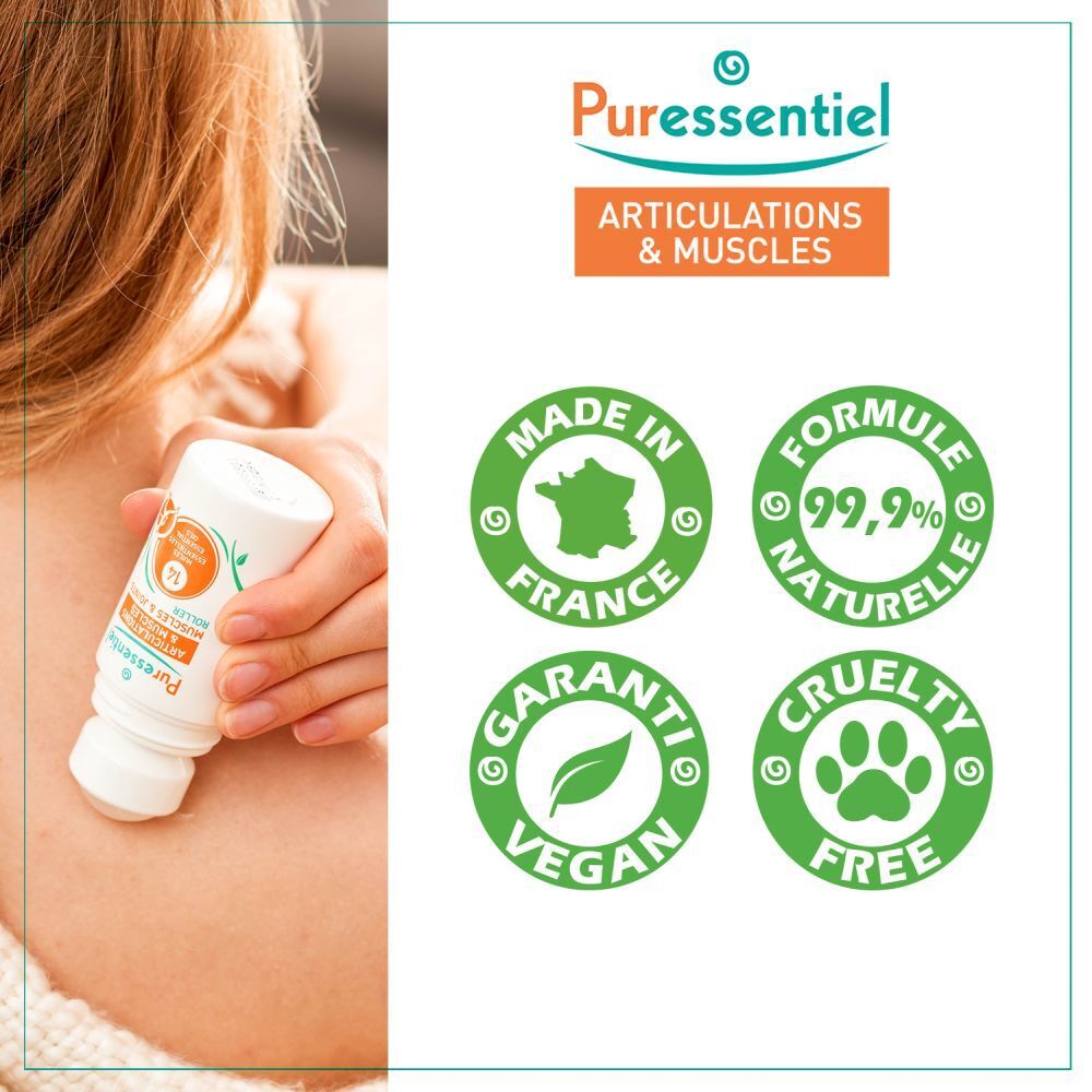 Puressentiel Roll-On Articulations & Muscles, 75ml, avec images de plantes.
