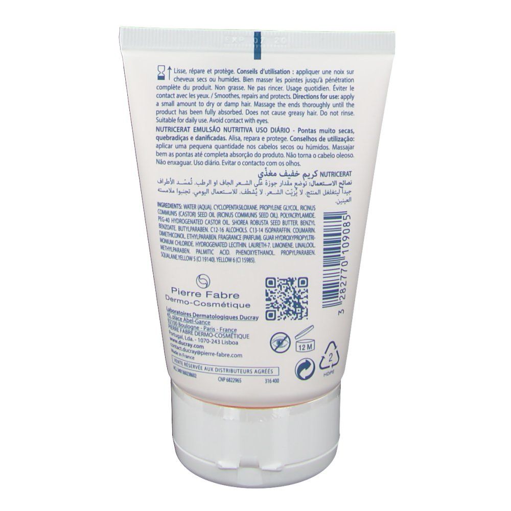 Dos du tube avec texte et ingrédients. Logo du fabricant et code QR visibles.