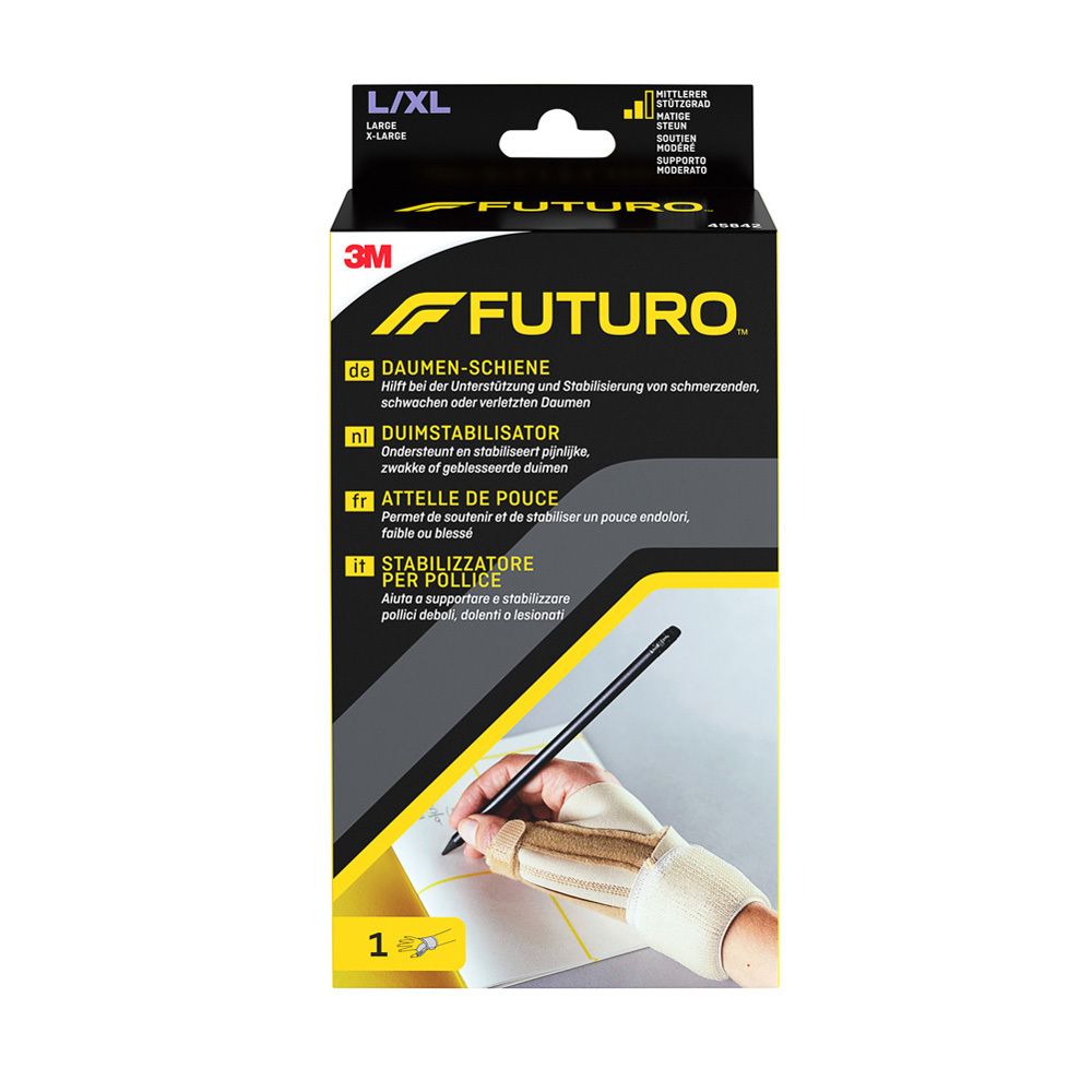 Futuro™ Duimstabilisator L/XL. Verpakking met brace, hand schrijft. Maat L/XL.