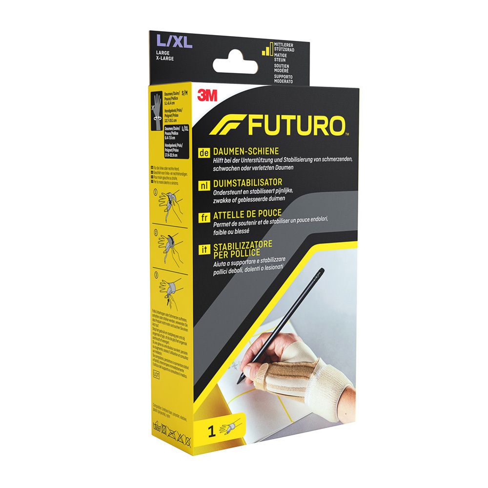 Futuro™ Duimstabilisator L/XL. Verpakking met brace en gebruiksvoorbeelden. Maat L/XL.