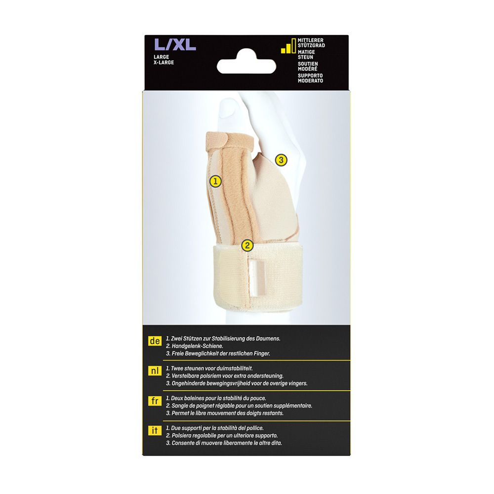 Futuro™ Duimstabilisator L/XL. Achterkant verpakking met productafbeelding en beschrijving.