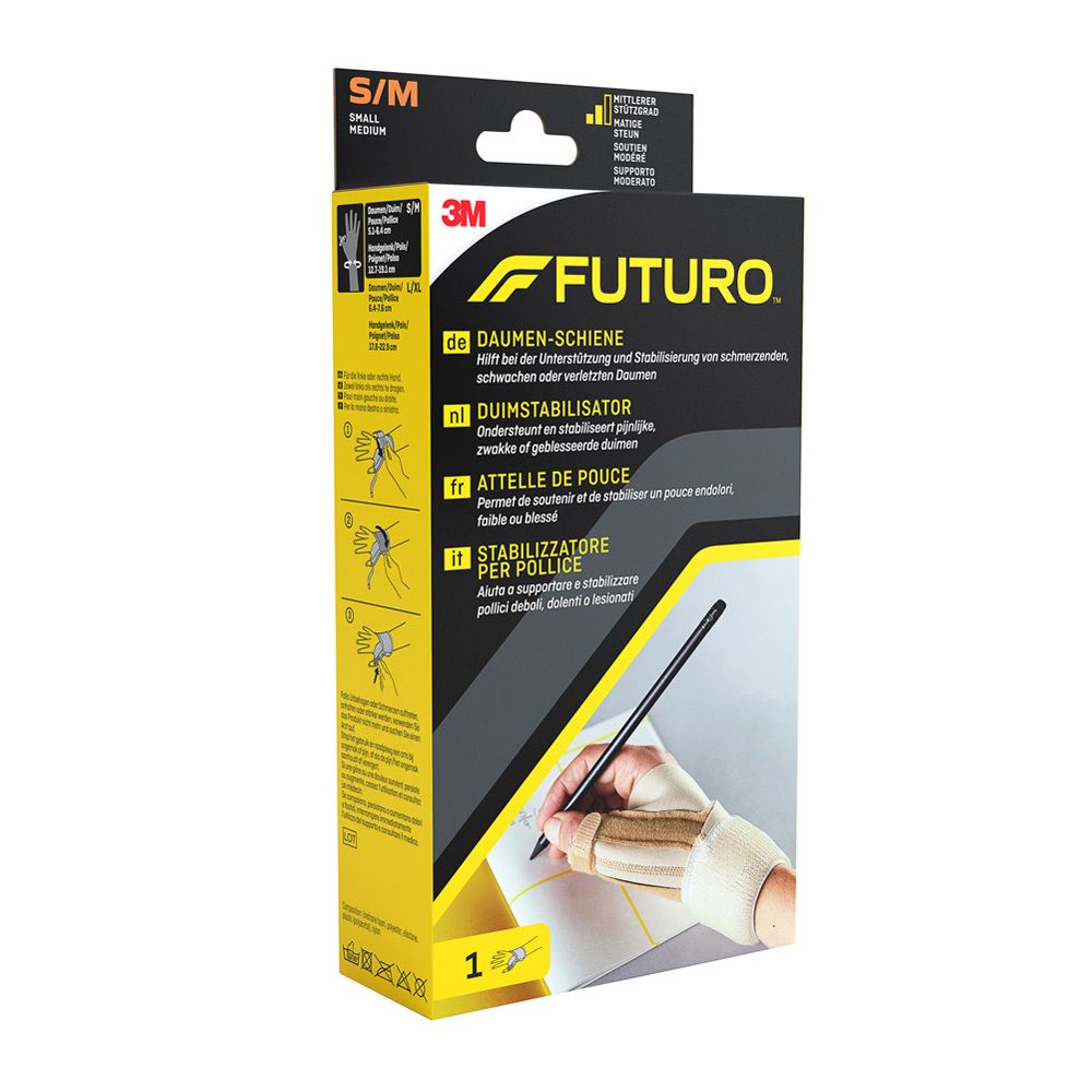 3M™ Futuro™ Duimstabilisator S/M. Verpakking met productafbeelding en tekst in het Duits, Nederlands, Frans en Italiaans.