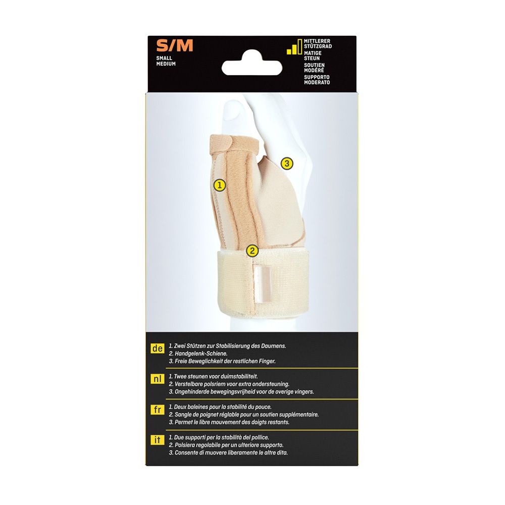 3M™ Futuro™ Duimstabilisator S/M. Achterkant van de verpakking met productafbeelding en tekst in het Duits, Nederlands, Frans en Italiaans.