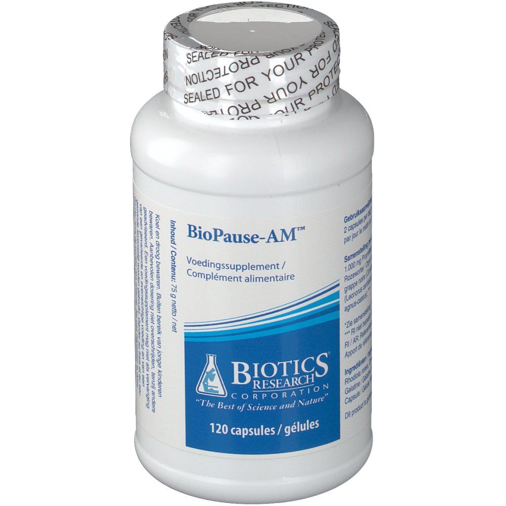 Witte fles met capsules. Opschrift: BioPause-AM, Biotics Research Corporation, 120 capsules. Verzegeling: Sealed for your protection.