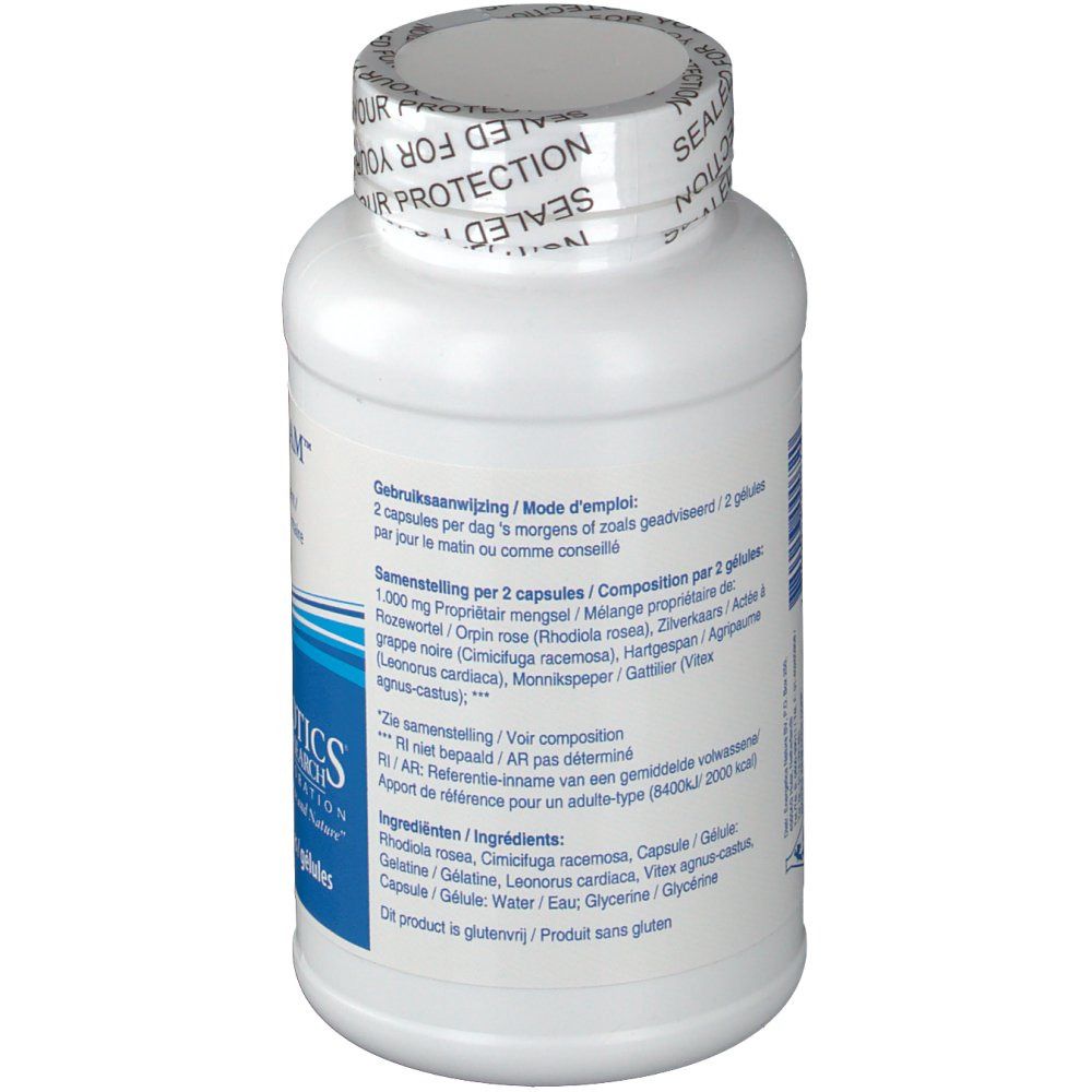 Achterkant van de witte fles met capsules. Tekst: Gebruiksaanwijzing, ingrediënten, Biotics Research Corporation. Verzegeling: Sealed for your protection.