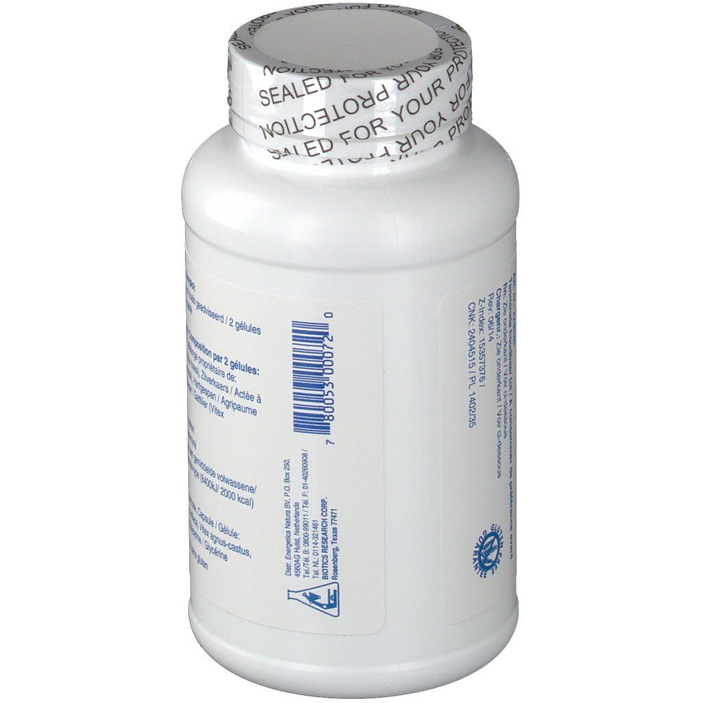 Achterkant van de witte fles met capsules. Tekst: Gebruiksaanwijzing, ingrediënten, barcode. Verzegeling: Sealed for your protection.