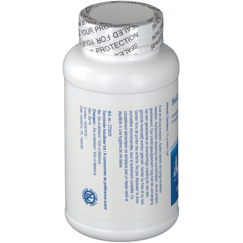Witte fles met capsules. Tekst: Ten minste houdbaar tot, chargenummer. Verzegeling: Sealed for your protection.