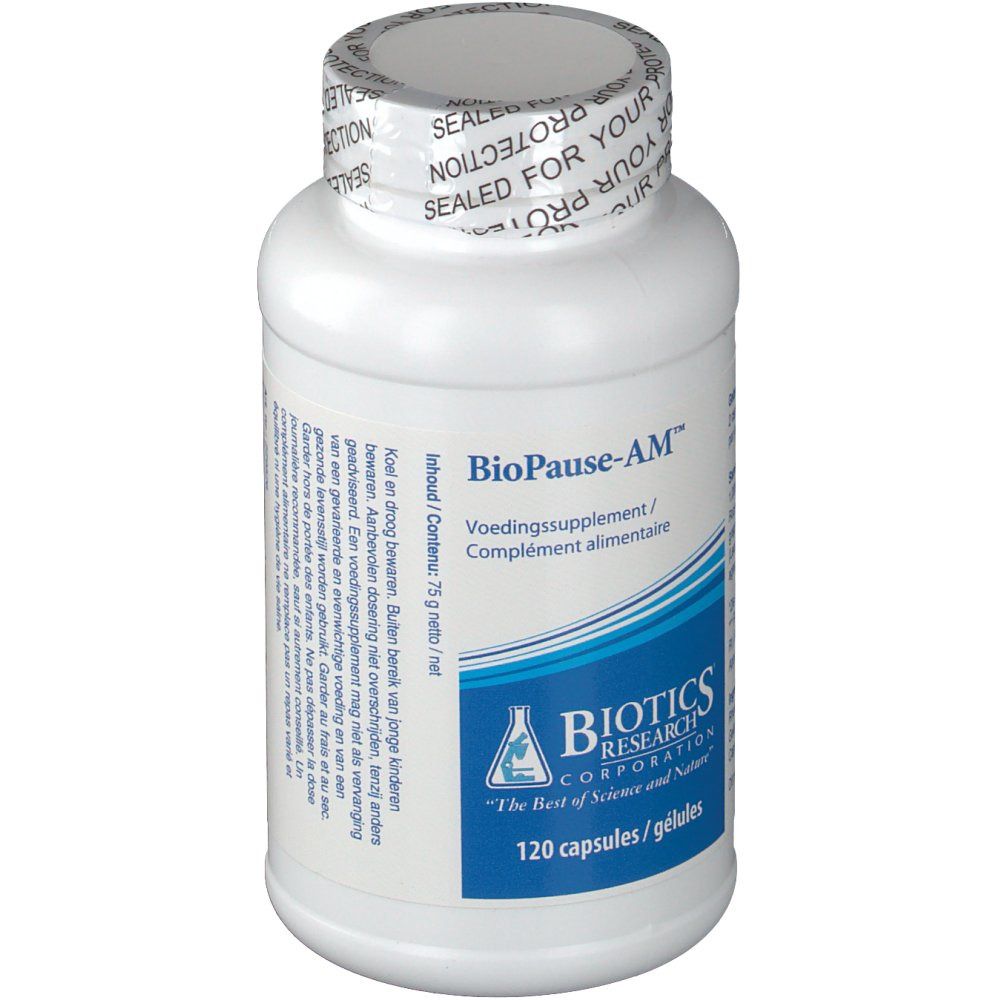 Witte fles met capsules. Opschrift: BioPause-AM, Biotics Research Corporation, 120 capsules. Verzegeling: Sealed for your protection.