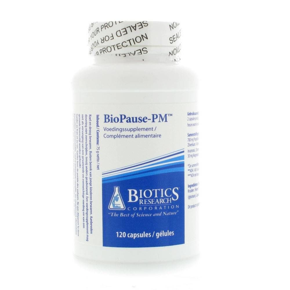 Witte fles met "BioPause-PM" en "Biotics Research". 120 capsules. Verzegeling op de dop.