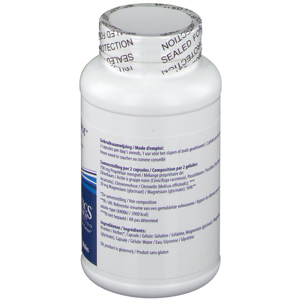 Achterkant van de witte fles. Tekst met ingrediënten en gebruiksaanwijzing. "Biotics Research" logo.