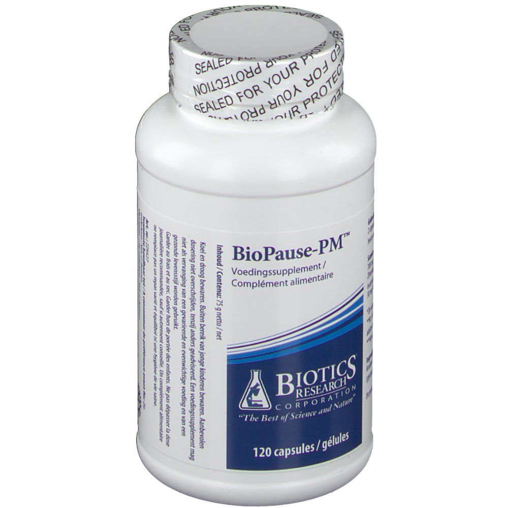 Witte fles met "BioPause-PM" en "Biotics Research". 120 capsules. Verzegeling op de dop.