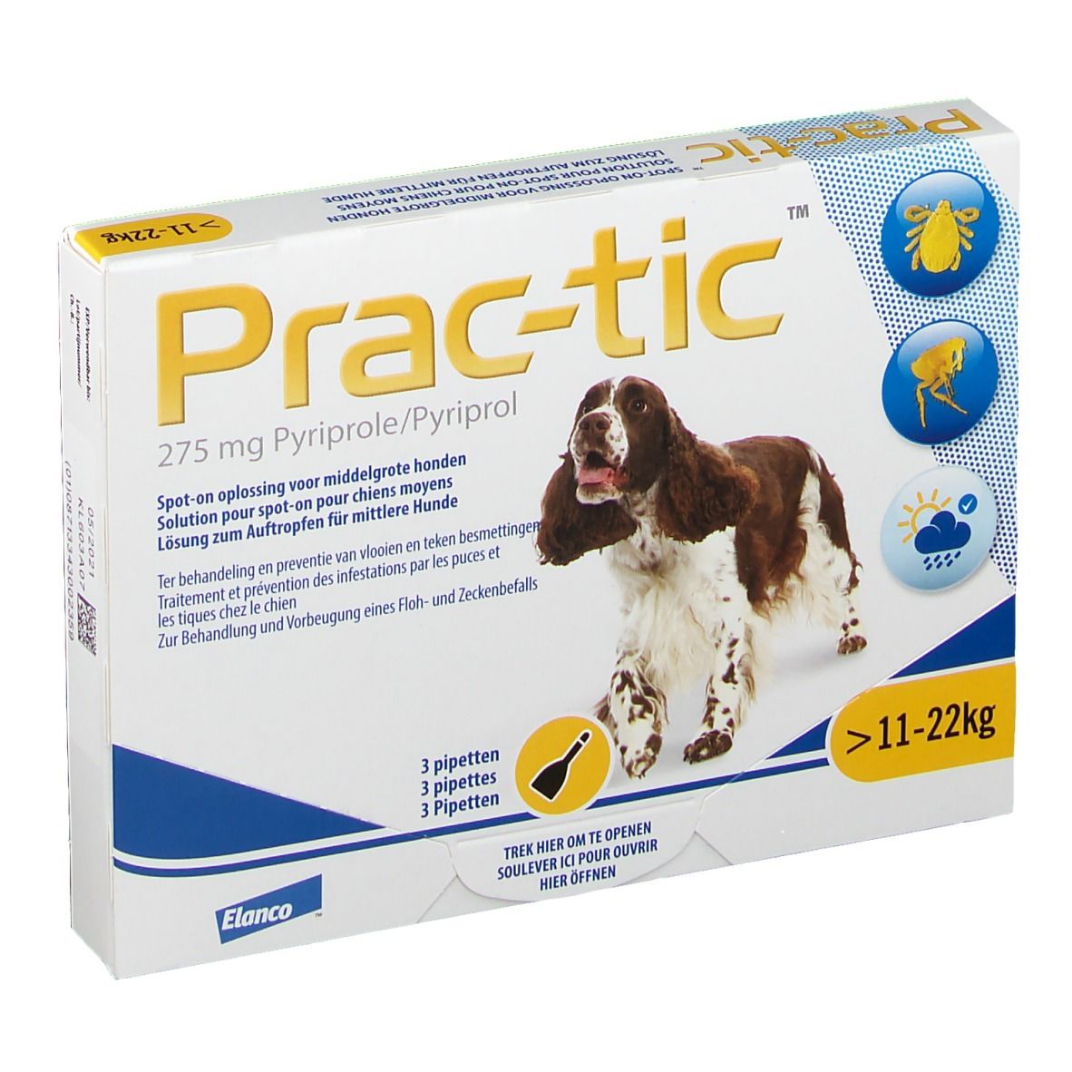 Pract-tic spot-on oplossing voor honden (11-22kg) met 3 pipetten tegen vlooien en teken.