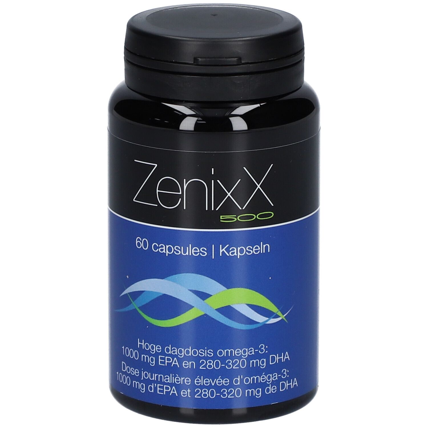 Zwarte fles ZenixX 500, 60 capsules. Opschrift: Omega-3, EPA en DHA. Blauwe golven. Voedingsinformatie.