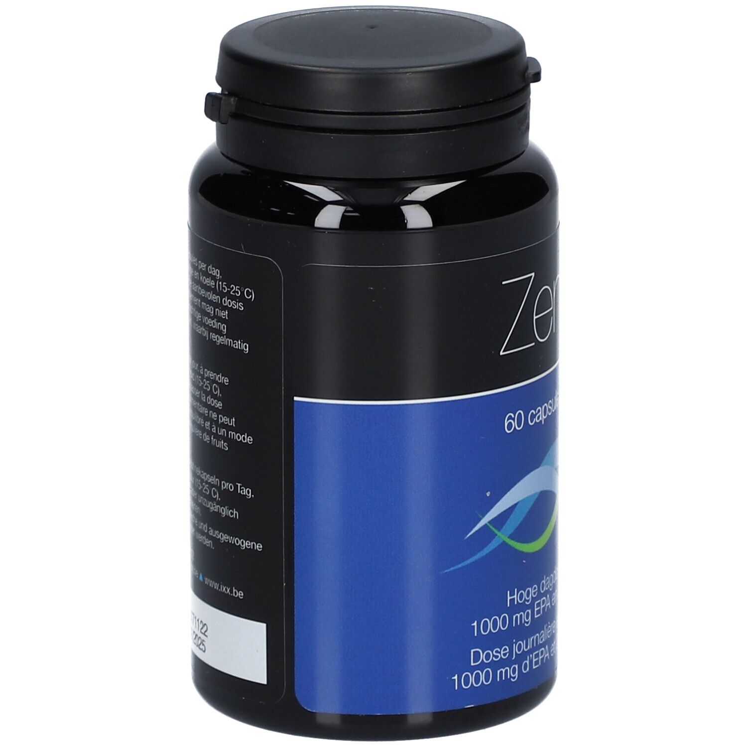 Zwarte fles ZenixX 500, 60 capsules. Blauw vlak met tekst: Omega-3, EPA en DHA. Zwarte dop.