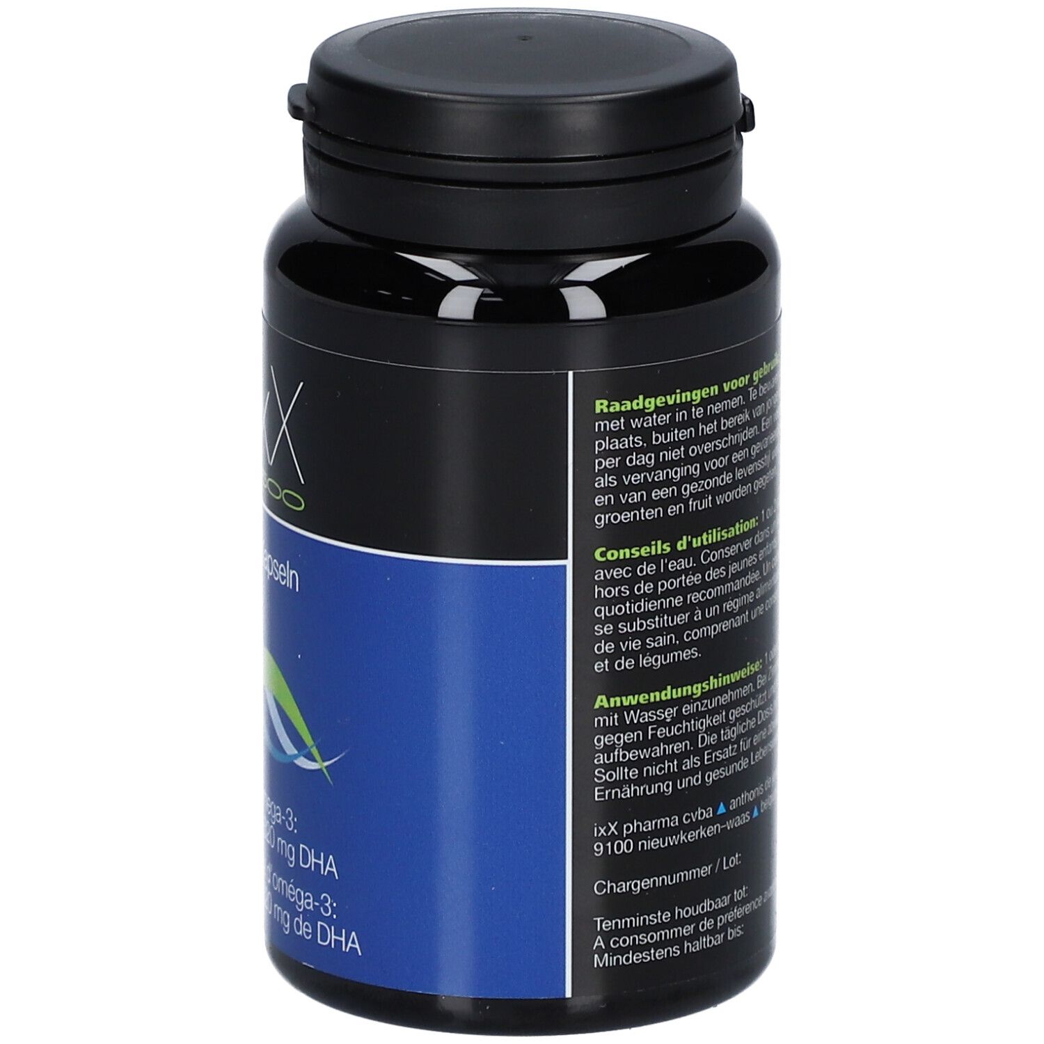 Zwarte fles met capsules. Opschrift: ZenixX 500. Tekst: Omega-3, EPA en DHA. Blauw vlak.