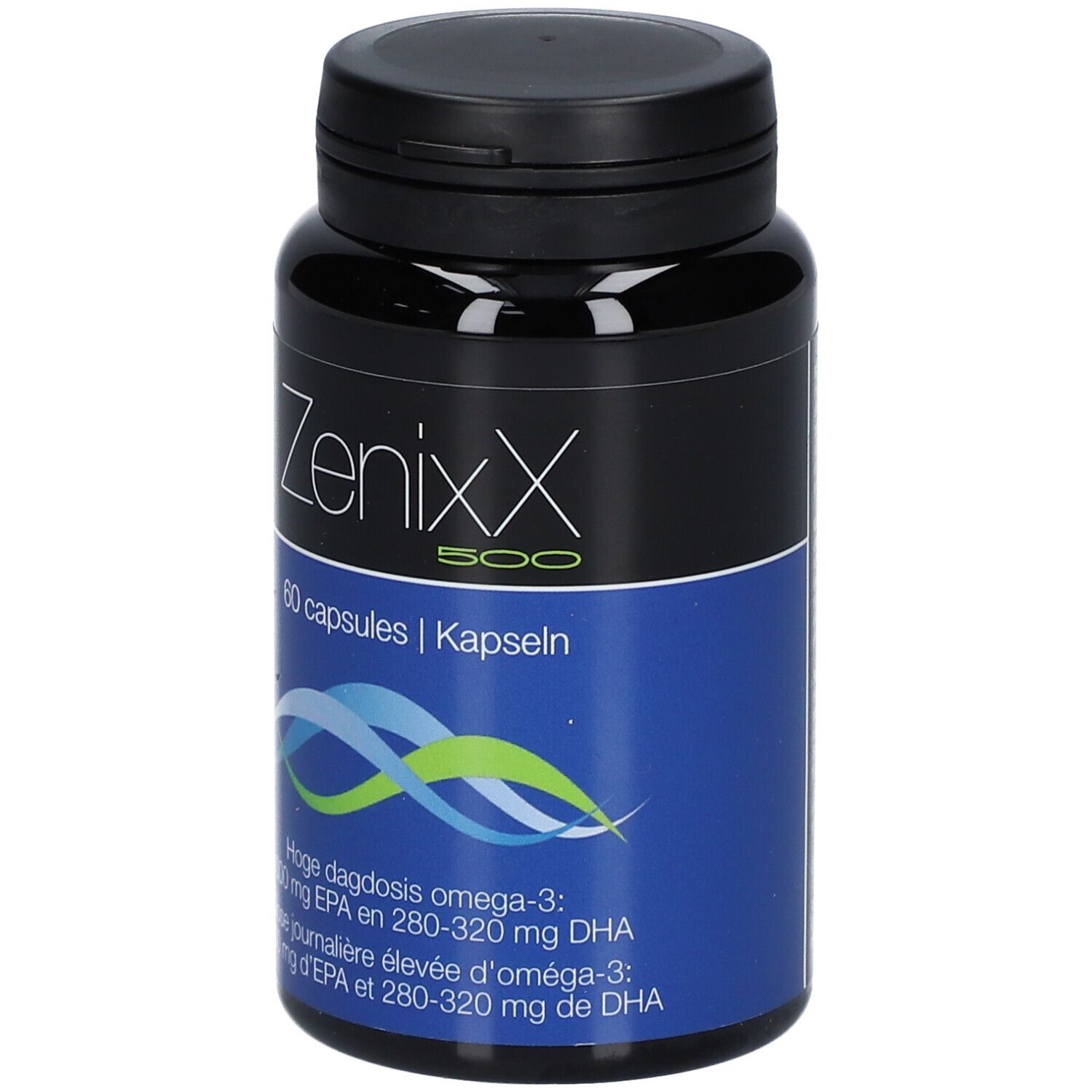 Zwarte fles ZenixX 500, 60 capsules. Blauwe golven. Tekst: Omega-3, EPA en DHA. Voedingsinformatie.