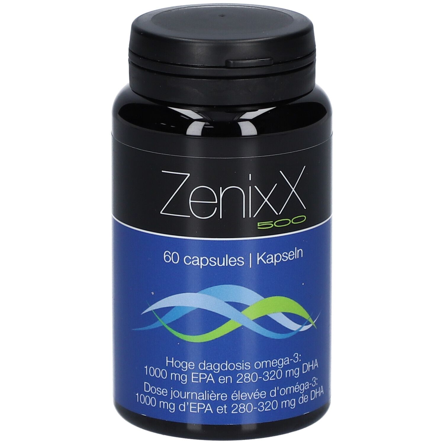 Zwarte fles ZenixX 500, 60 capsules. Blauwe golven. Tekst: Omega-3, EPA en DHA. Voedingsinformatie.