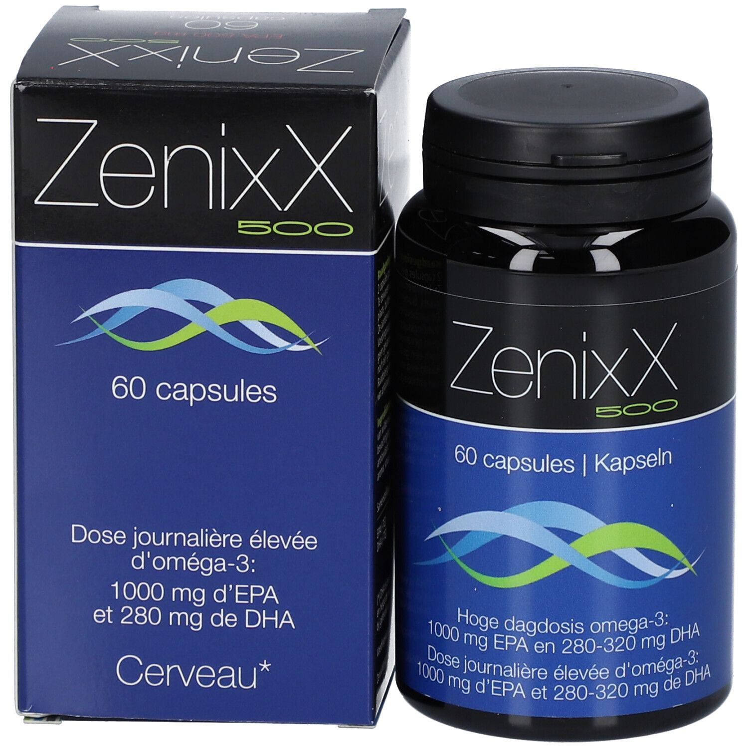 Fles en doos ZenixX 500. 60 capsules. Tekst: Omega-3, EPA en DHA. Blauwe golven. Merk: Cerveau.