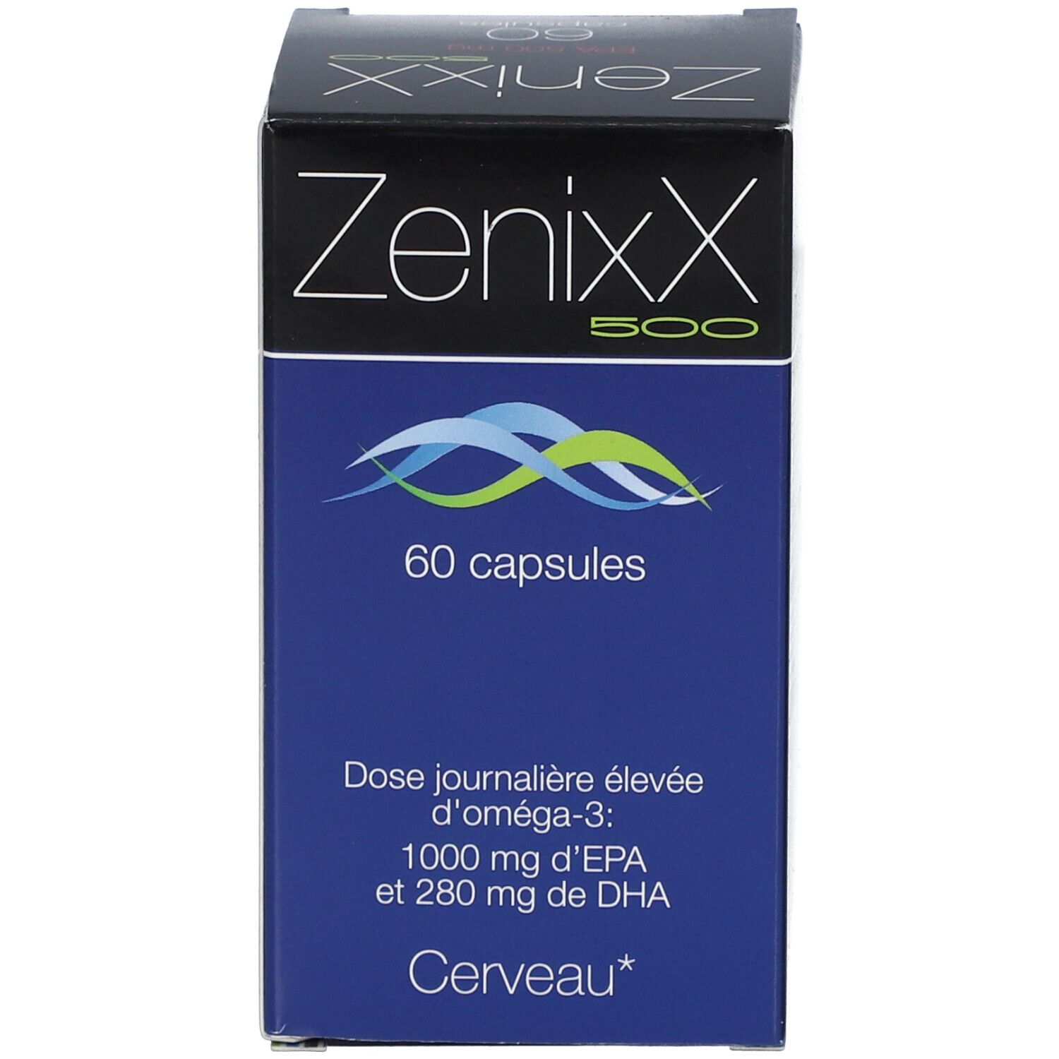 Doos ZenixX 500. 60 capsules. Tekst: Omega-3, EPA en DHA. Blauwe golven. Merk: Cerveau.