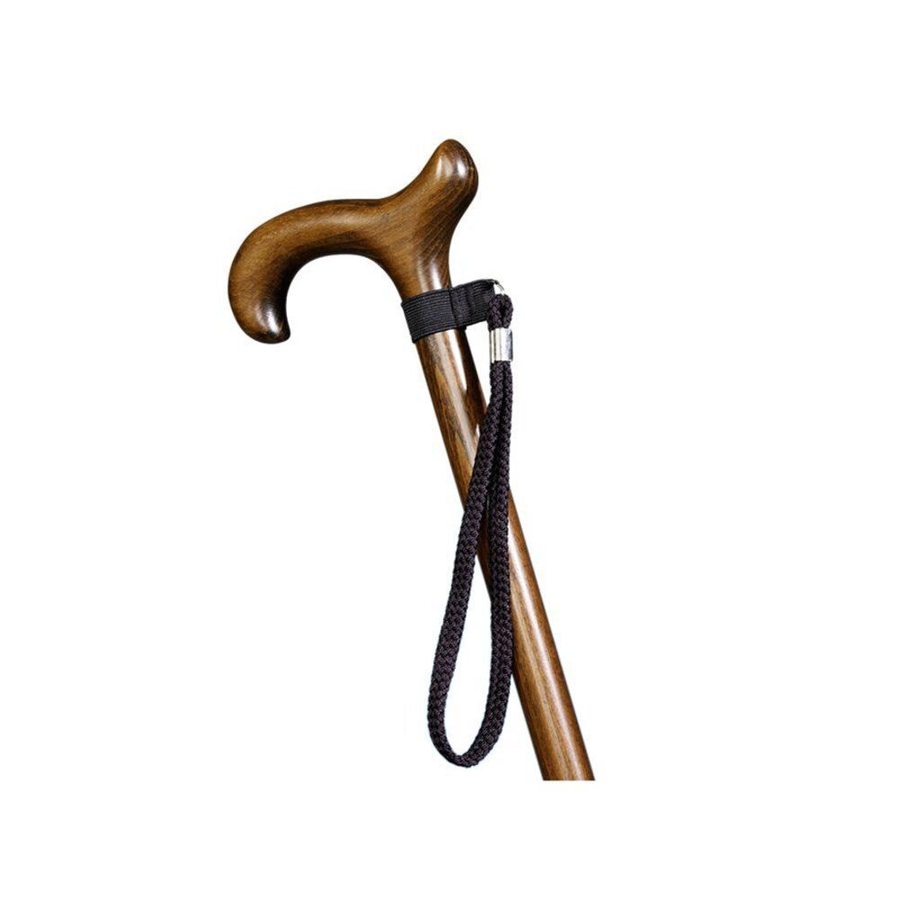 Wandelstok met houten handvat en zwarte polsband.