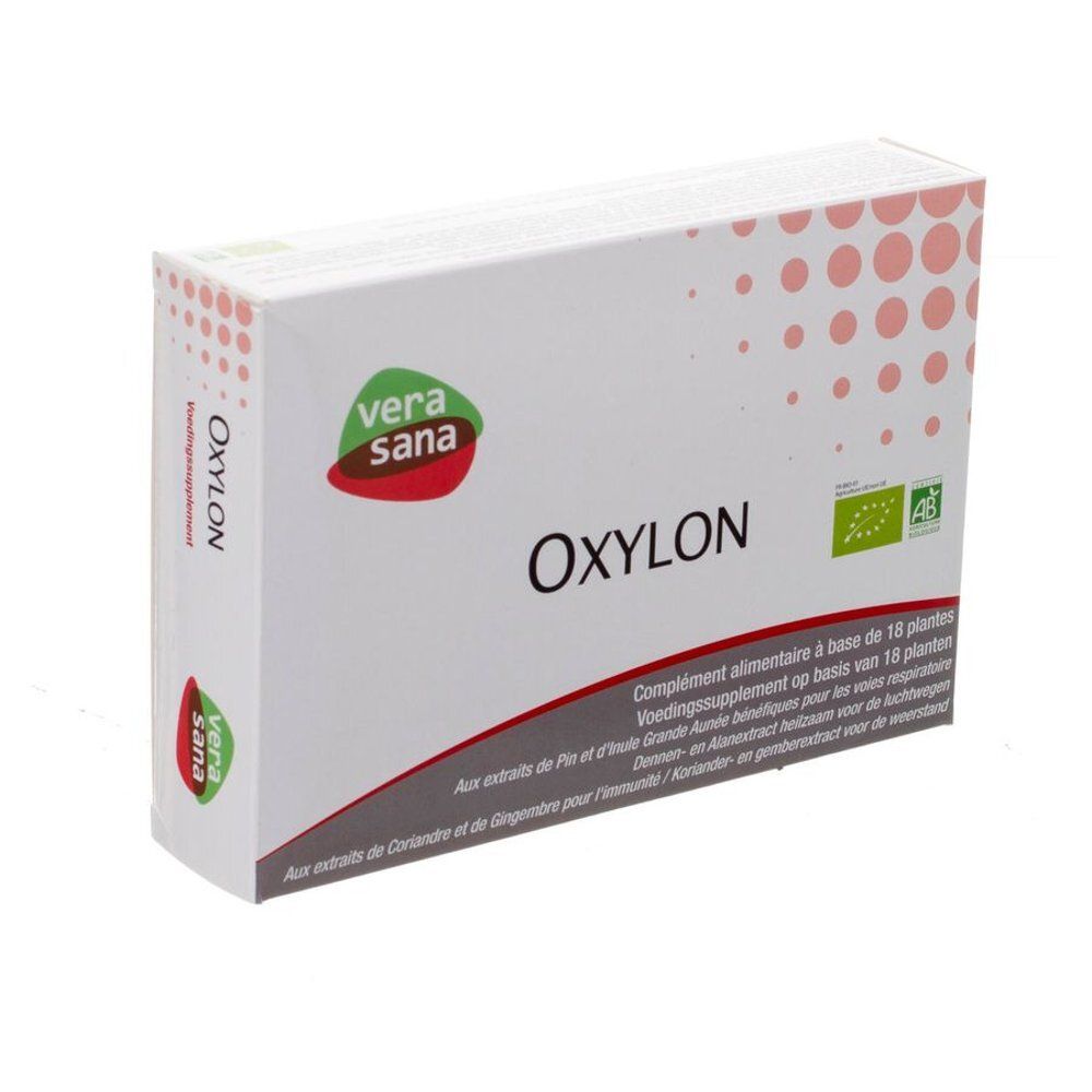 Witte doos met 'OXYLON' en 'vera sana' logo. Tekst in het Frans en Nederlands. Biologisch keurmerk.