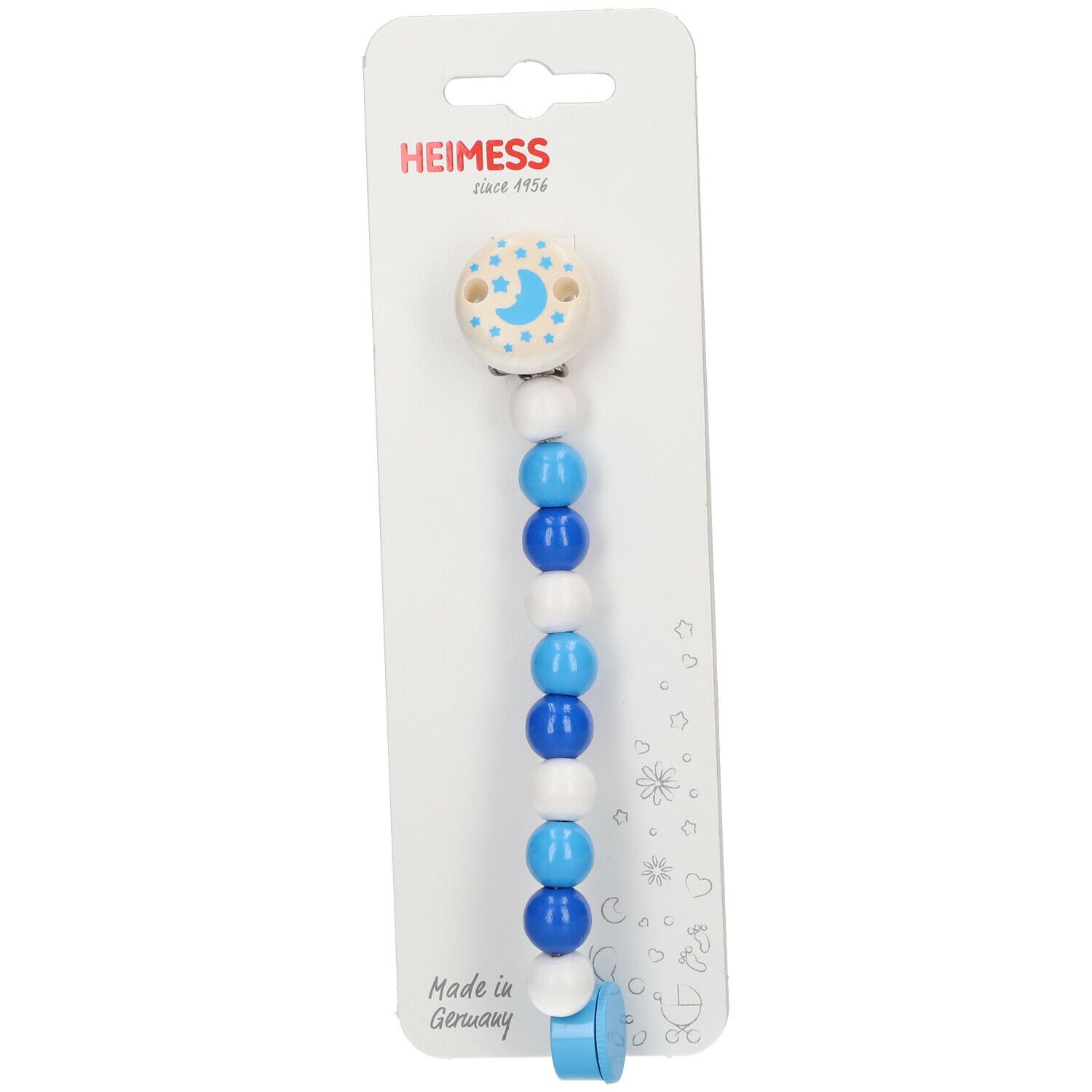Attache-tétine en bois bleu et blanc, motif lune et étoiles, sur carte.