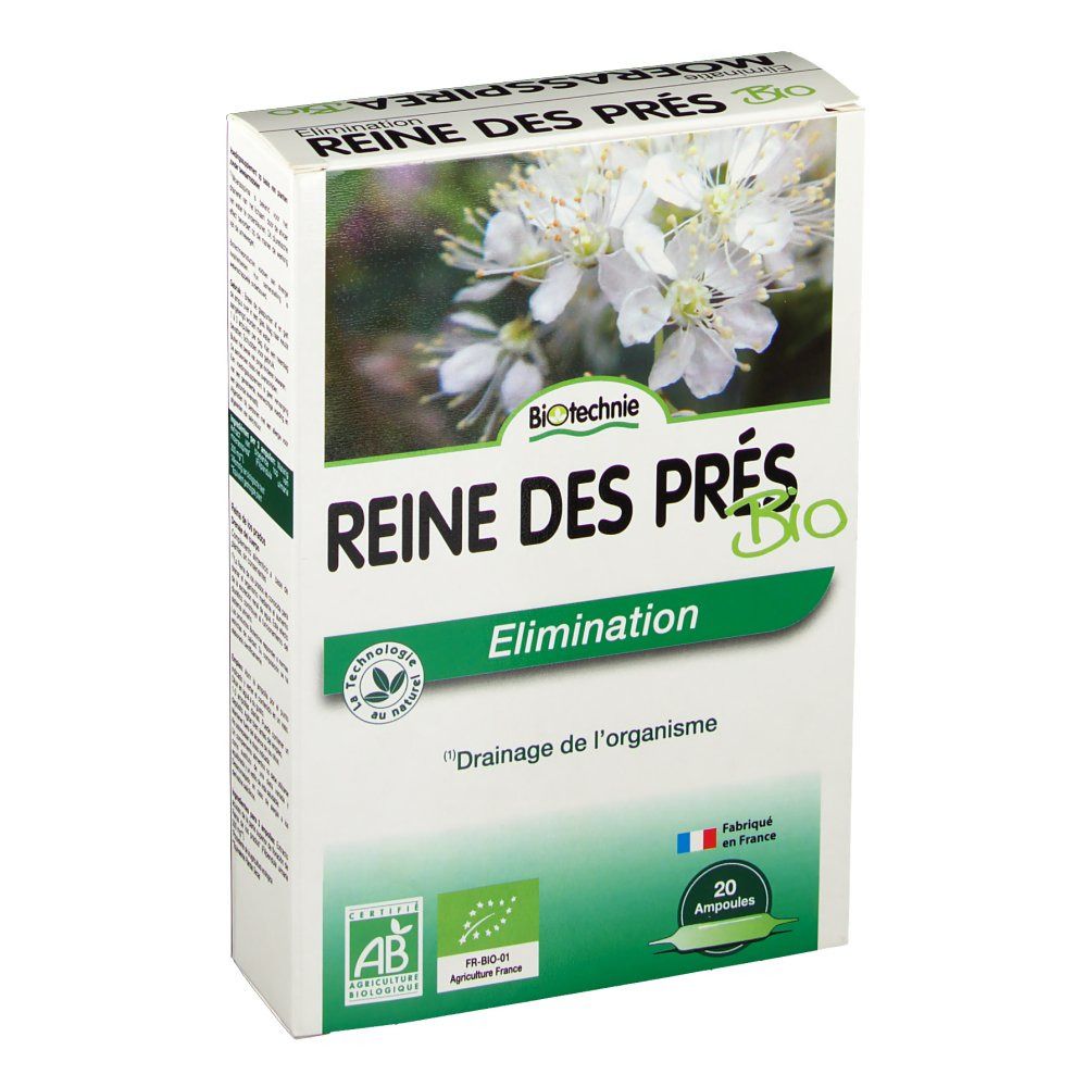 Kartonnen doos met bloemenmotief en tekst. "Reine des Prés Bio" en "Elimination" zichtbaar. Bevat 20 ampullen.