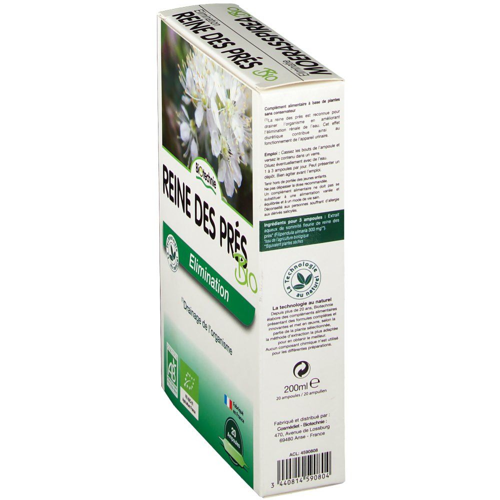 Zijaanzicht van de kartonnen doos. Tekst: "Reine des Prés Bio", "Elimination" en informatie. Bevat 20 ampullen. Met certificeringen.