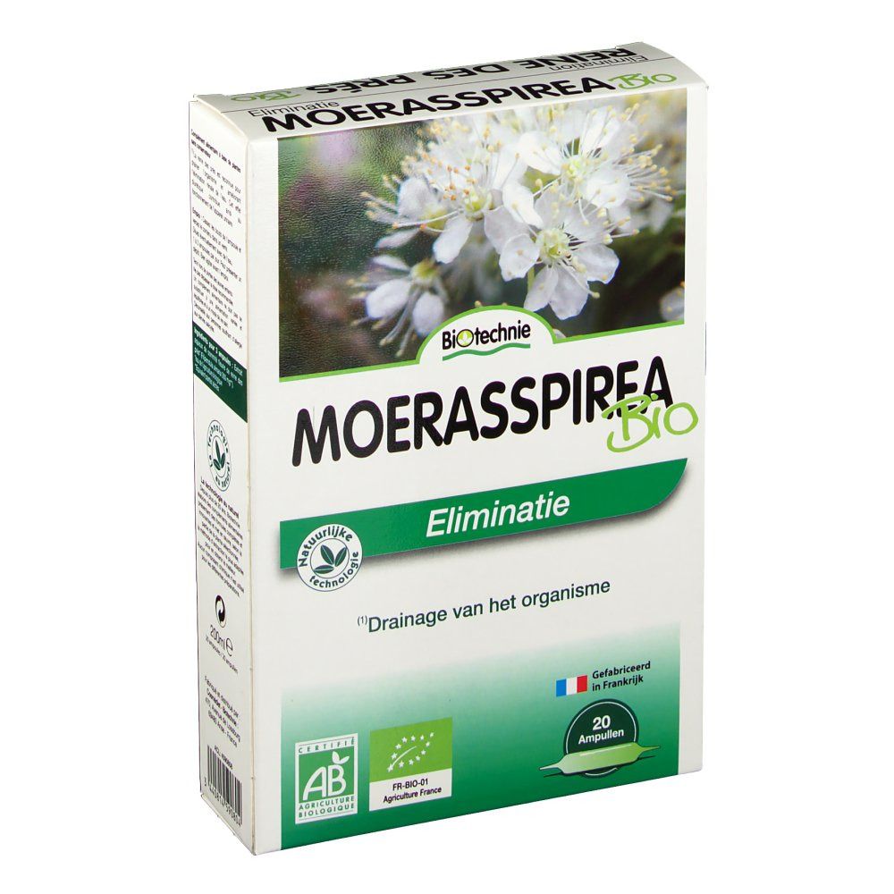 Kartonnen doos met bloemenmotief en tekst. "Moerasspirea Bio" en "Eliminatie" zichtbaar. Bevat 20 ampullen.